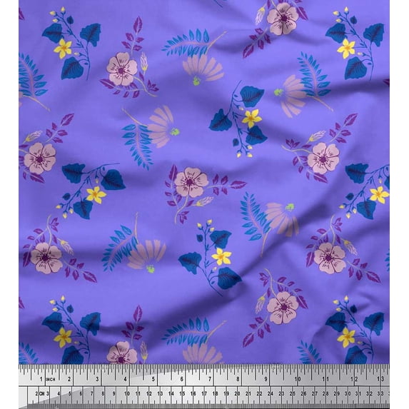 Soimoi Cotton Poplin Fabric Leaves & Periwinkle Floral Printed Fabric 1 Yard 42 Inch Wide