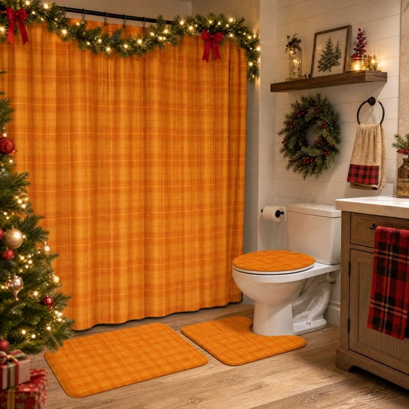 4-Piece Christmas Bathroom Set with Shower Curtain, U-Shaped Mat, Toilet Lid Cover & Bath Mat, Festive Holiday Decor, Waterproof Non-Slip