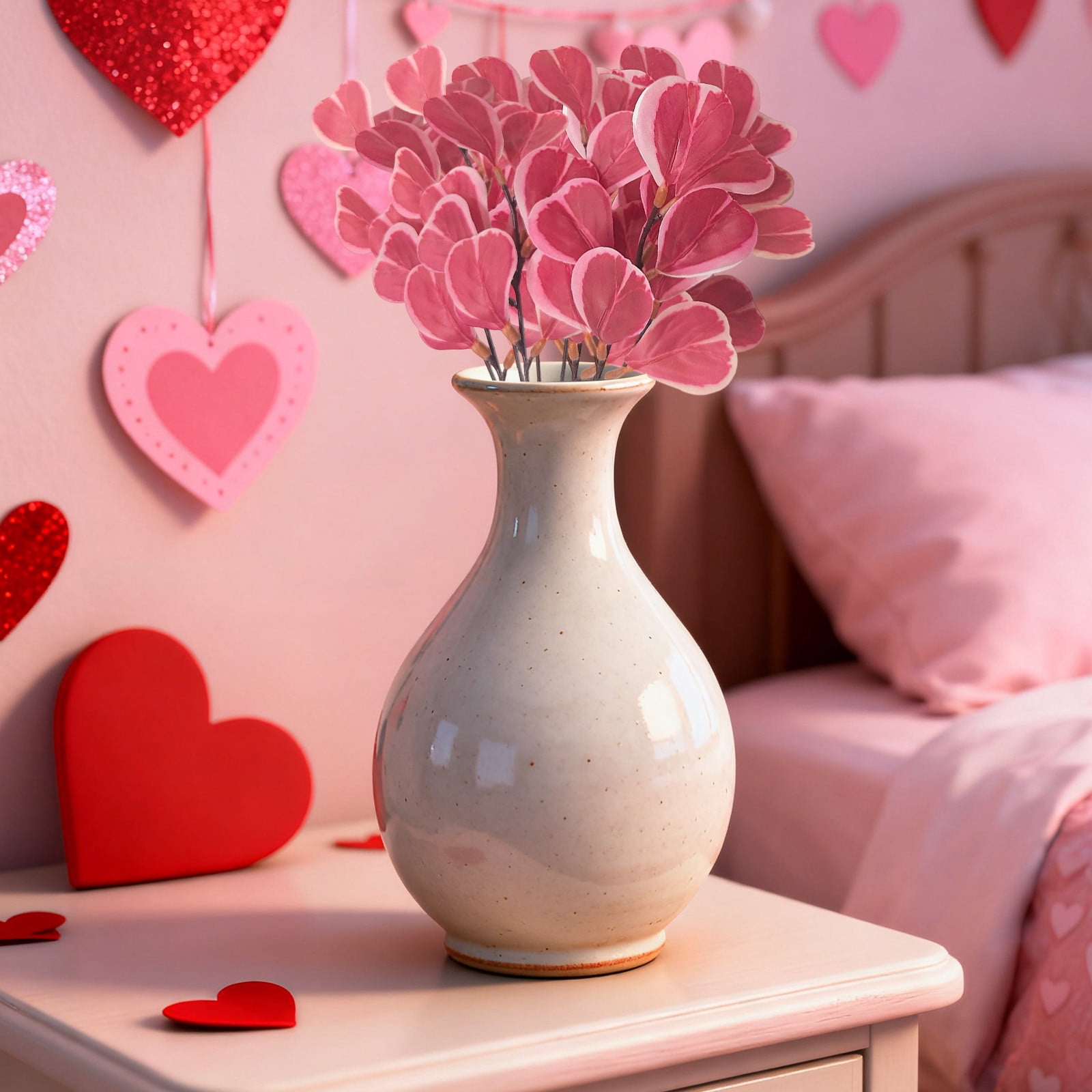 Pink Heart Shaped Artificial Greenery Stems, 10.2 Inch Bendable Faux Branches for Valentine's Day Wedding Centerpiece, Christmas Tree, Home Decor (1 Piece)