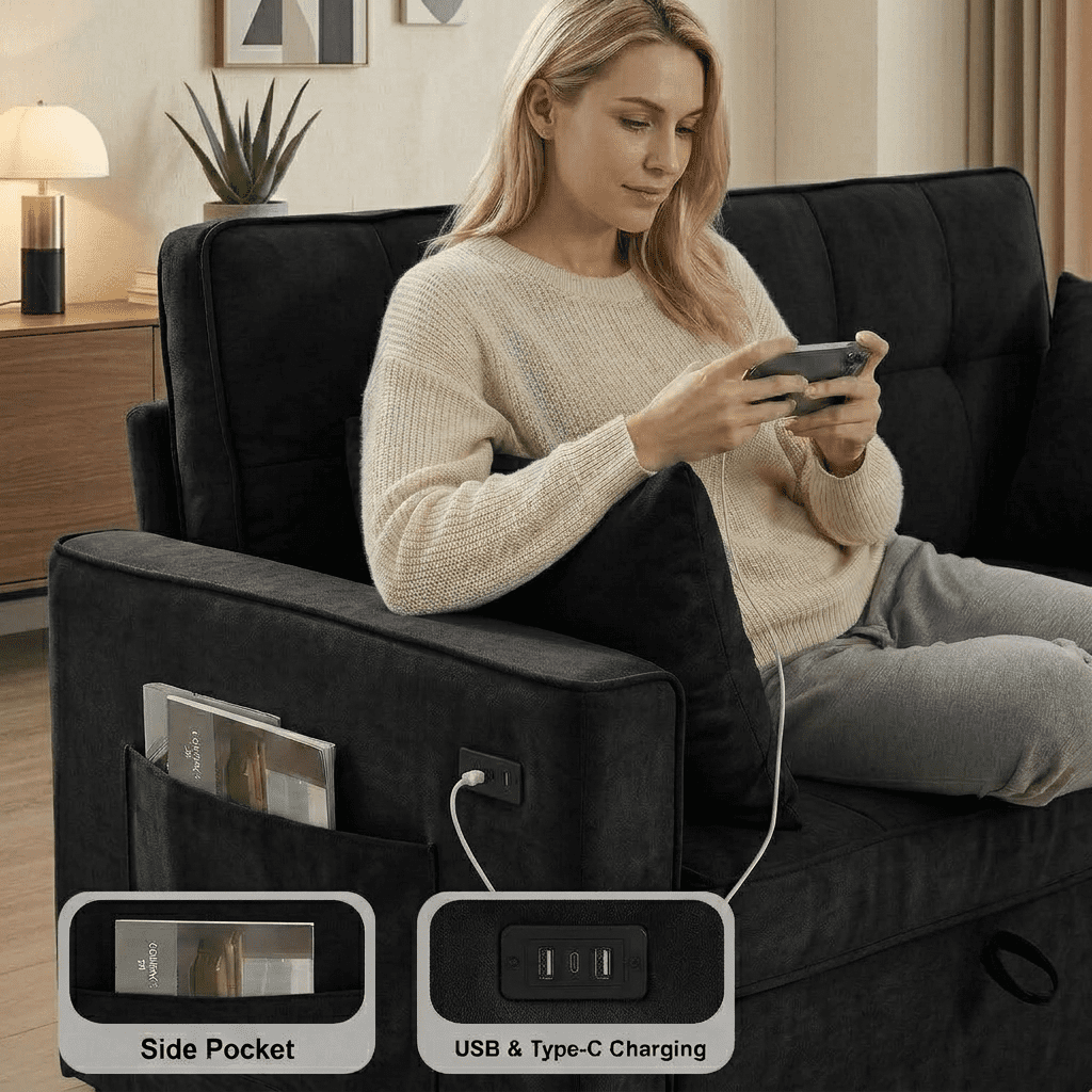 Howcool 55" Sleeper Sofa Bed, 3-in-1 Pull Out Convertible Loveseat Couch with 5-Level Adjustable Backrest, USB Port & Side Pocket, Terry Fabric Sofa for Living Room, Bedroom & Small Spaces, Black
