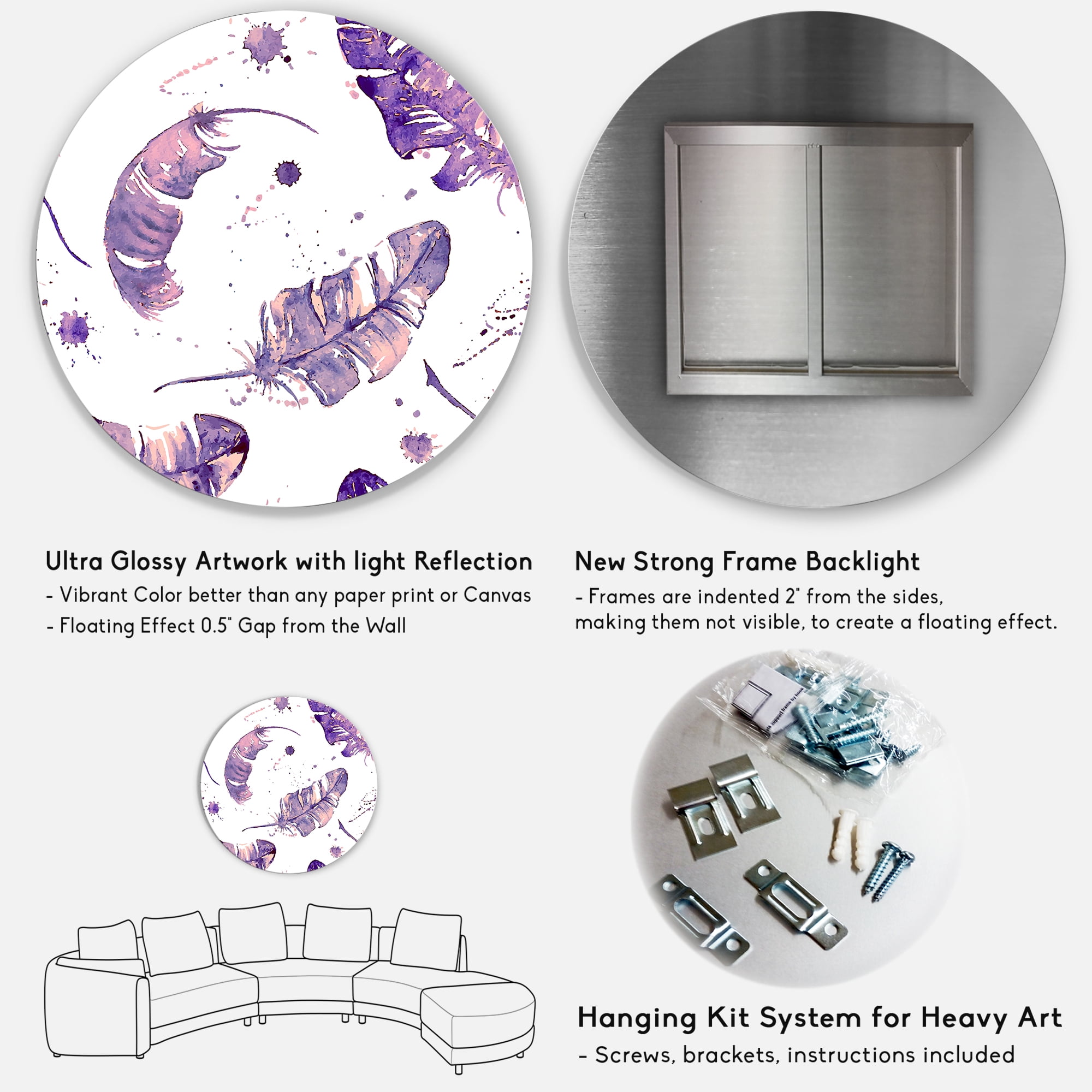 Designart 'Ethnic Purple Feathers Composition' Bohemian & Eclectic Circle Metal Wall Art 36x36 - Disc of 36