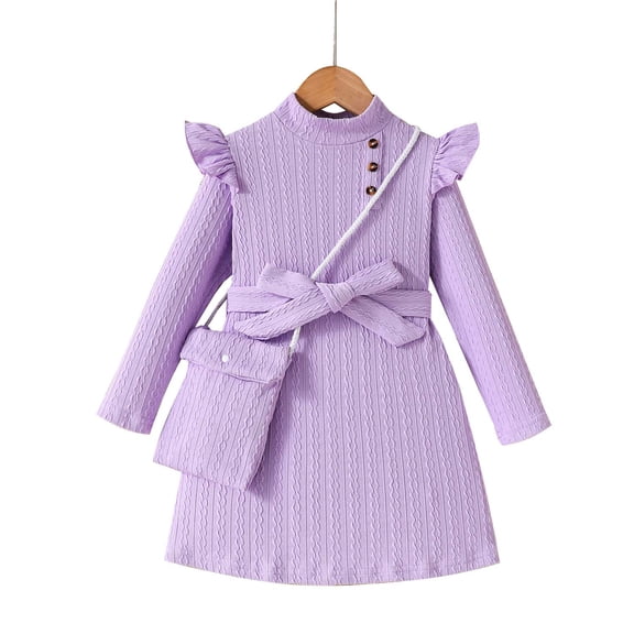 Kucnuzki 8T Big Girl Dress 9T Kid Girls Winter Clothing Ruffle Long Sleeves A-line Dresses Solid Color One-piece Clothes with Bag 2pcs Clothes Purple