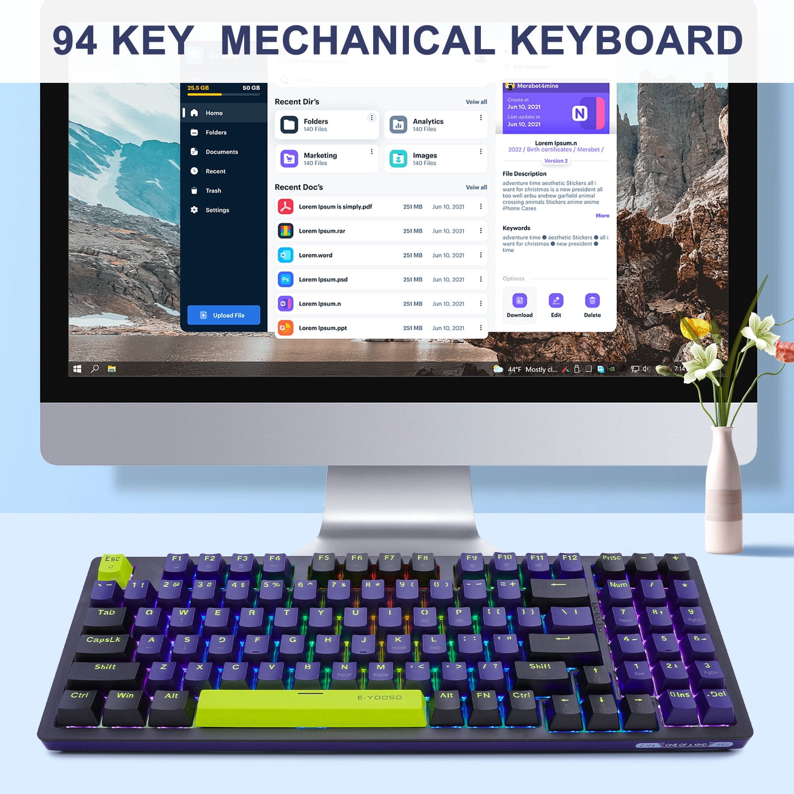 E-YOOSO Z-94 Mechanical Keyboard Rainbow Backlit, 94 Keys 90% Gaming Keyboards for Games and Office Work, Black (Blue Switch)