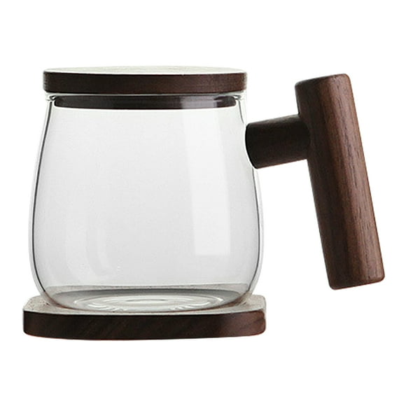 Tea Mug : Glass Teacup with Infuser and Lid - Tea Cup with Wooden Handle, Teacup for Tea Steeping at Home and Office