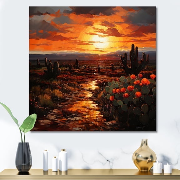 Designart "Sunset Desert Dreams Cactus Scenery" Landscapes Wall Art - Global Yellow Desert Entryway Wall Art