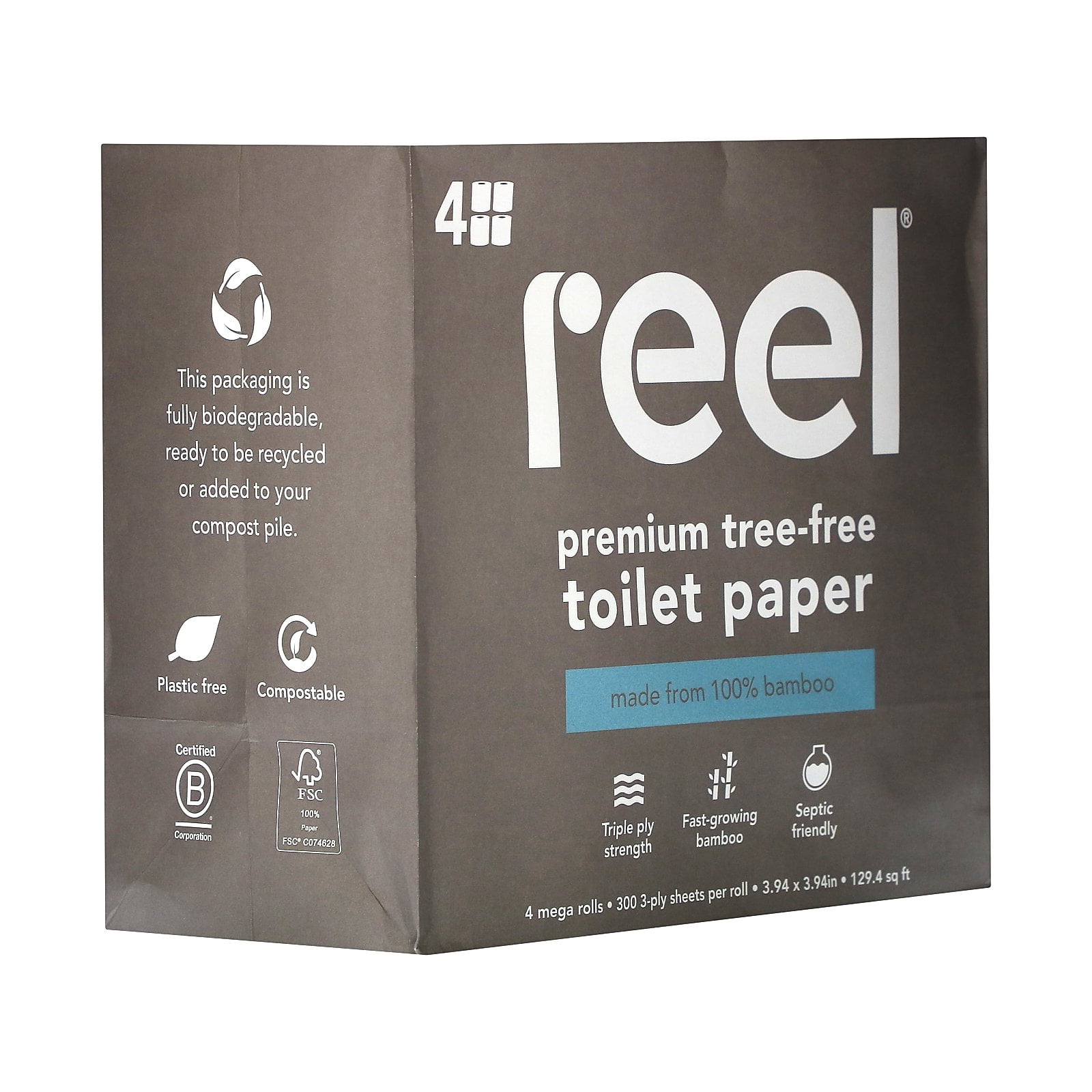 Reel Premium Tree-Free Toilet Paper, 4 Mega Rolls