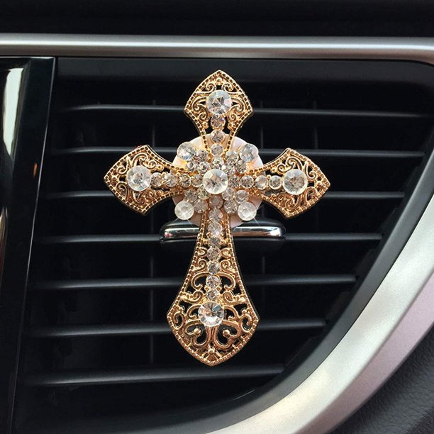 RV Bling Clip de ventilación de aire para coche con cruz de cristal y diamantes de imitación para aire acondicionado de coche, decoración interior del coche, accesorios brillantes para mujeres y niñas (dorado) oso de fresa Electrónica