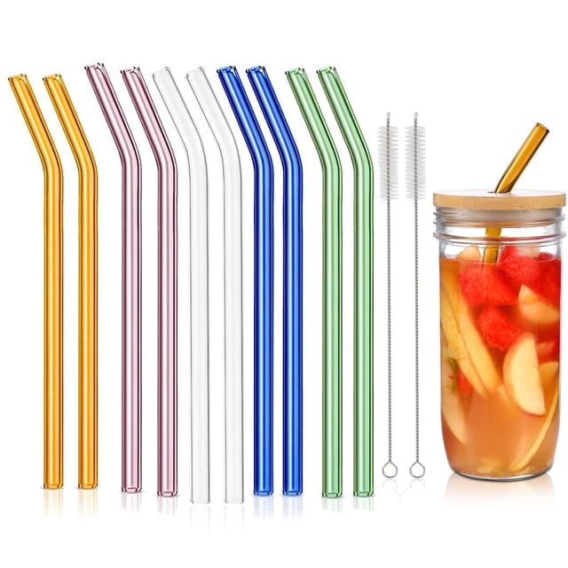 Paquete de 10 pajitas de vidrio reutilizables, pajitas de vidrio dobladas con 2 cepillos de limpieza, para batidos, jugos
