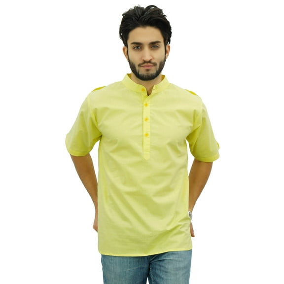 Atasi Men's Mandarin Collar Cotton Short Kurta Casual Ethnic Shirt-Medium