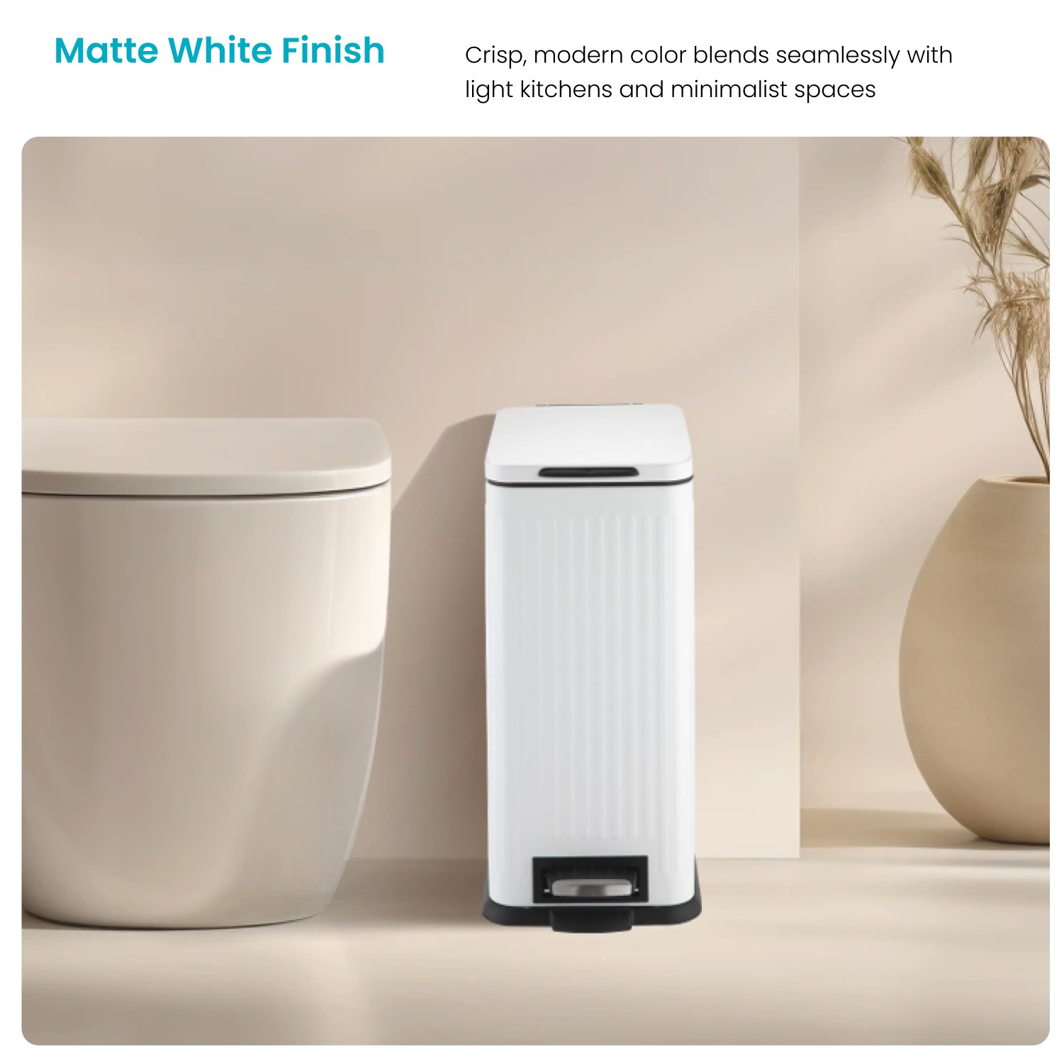 Home Zone Living 4 Gallon Slim Stainless Steel Kitchen Trash Can with Reeded Pattern, Step Pedal and Soft Close Lid, Matte White