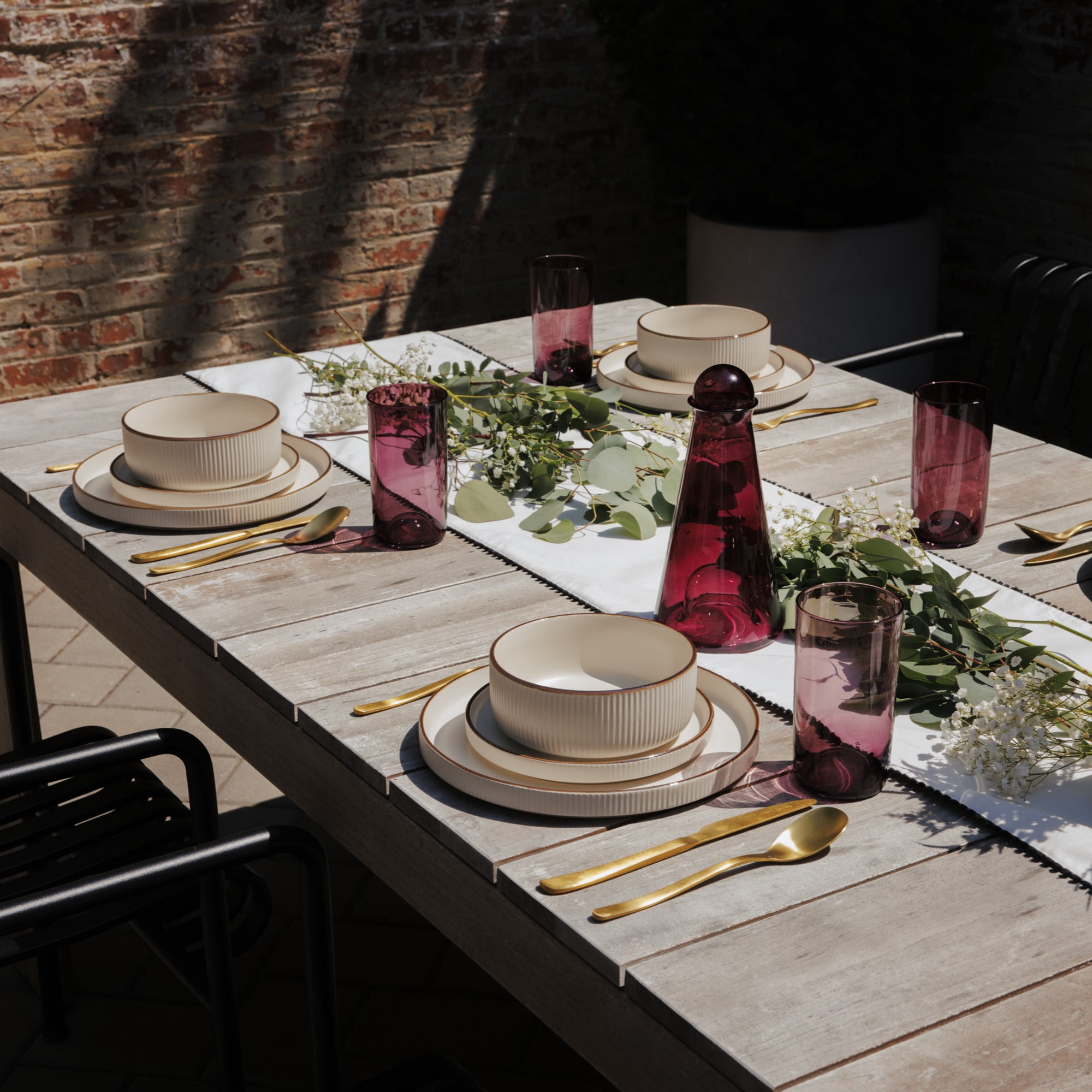 Thyme & Table 12-Piece Cream Ribbed Stoneware Dinnerware Set, Aden Collection