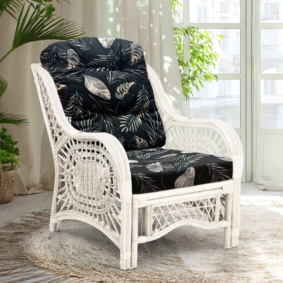 Malibu Lounge Armchair ECO Natural Rattan Wicker Handmade Design with Black Leaf Cushion, White Color