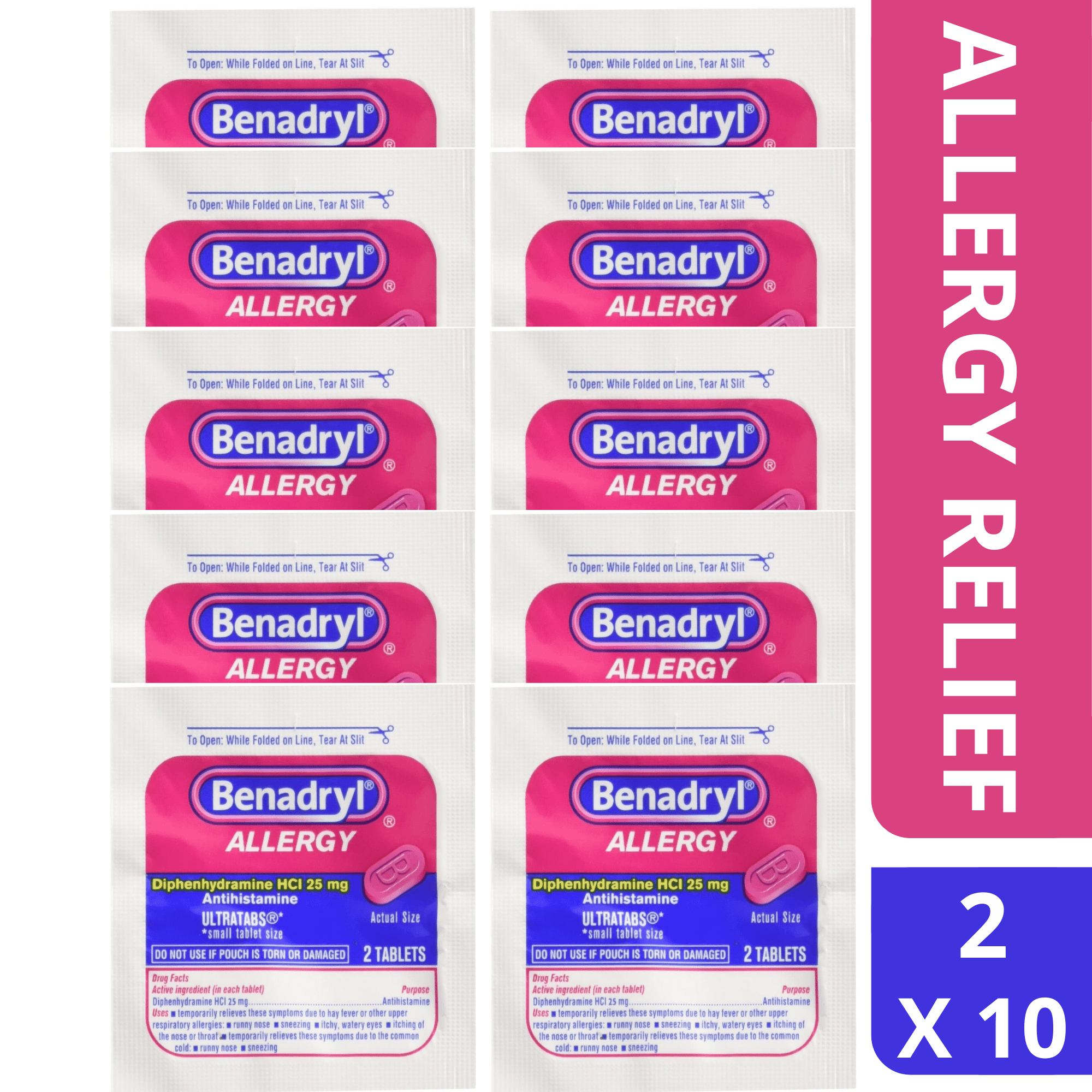 Benadryl Allergy Ultra Tabs  On The Go Convenience Packets Individually sealed, 2 Tablet Per Packet, (10 Pack)
