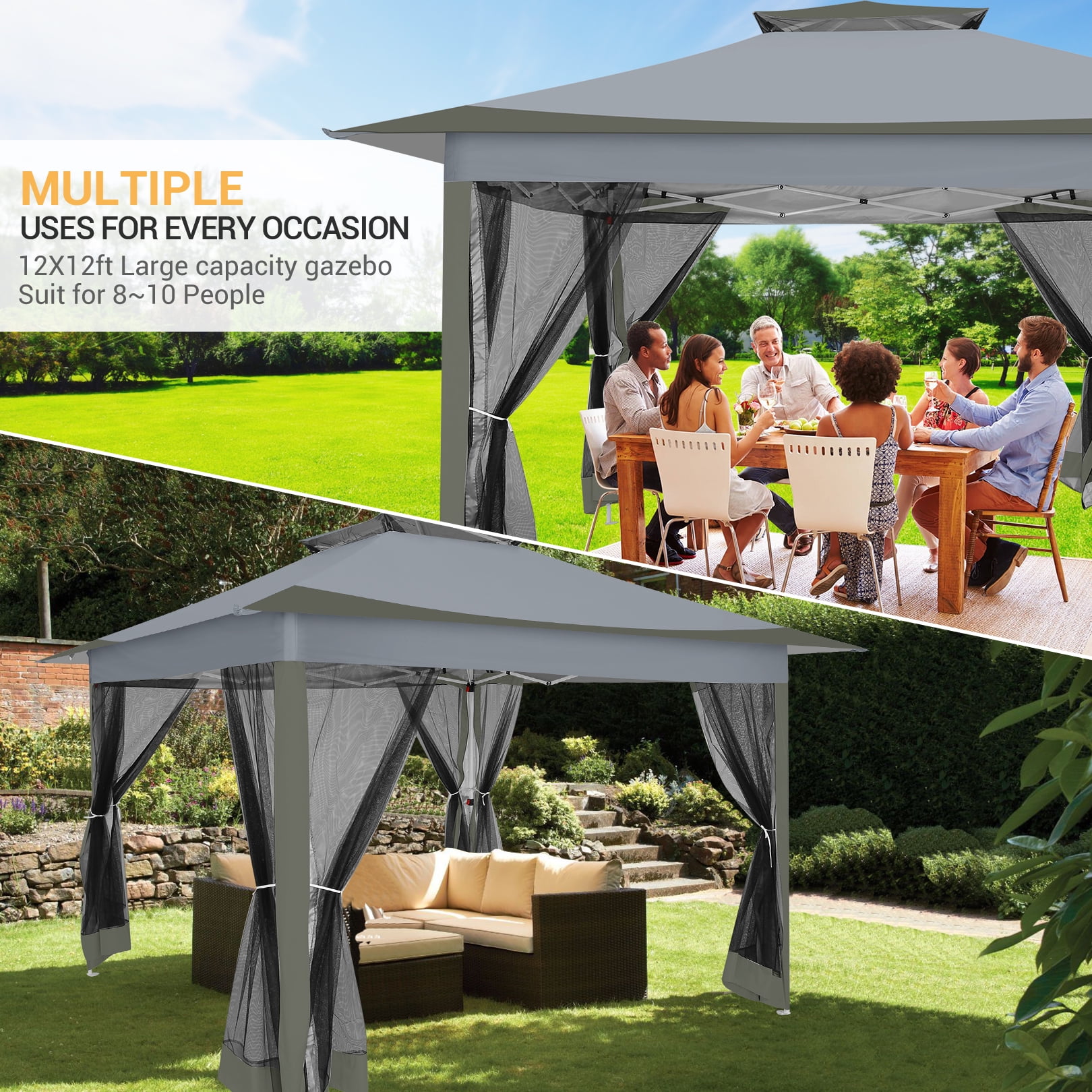 HOTEEL 12' x 12' Outdoor Pop-Up Gazebo Canopy with Mosquito Netting, 2-Tiered Vented Top, 3 Adjustable Heights for Backyard, Garden, Lawn, Gray