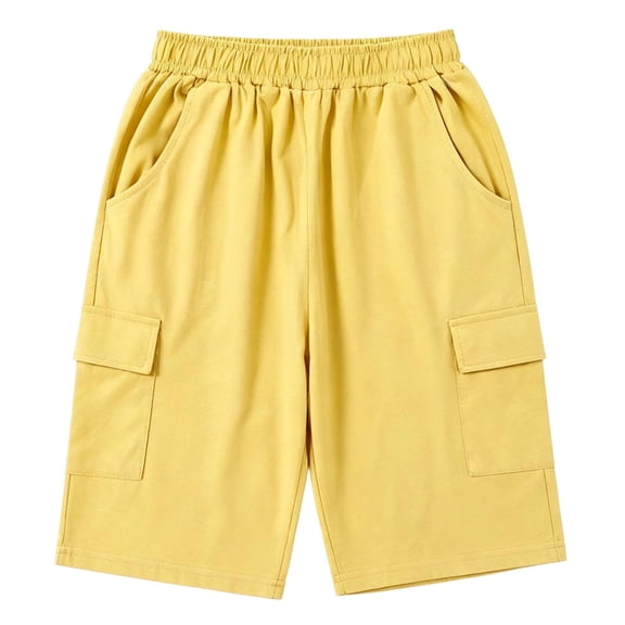 Girls Cargo Shorts, Elastic Waist Multi-Pocket Knee Length, Soft Casual Summer Bottoms Yellow 12-13Years