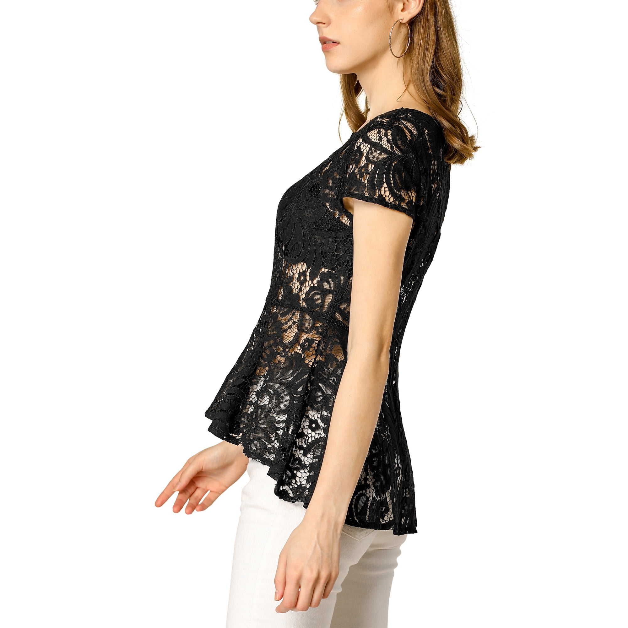 Unique Bargains Juniors Round Neck Cap Sleeves High Low Hem Lace A Line Peplum Blouse
