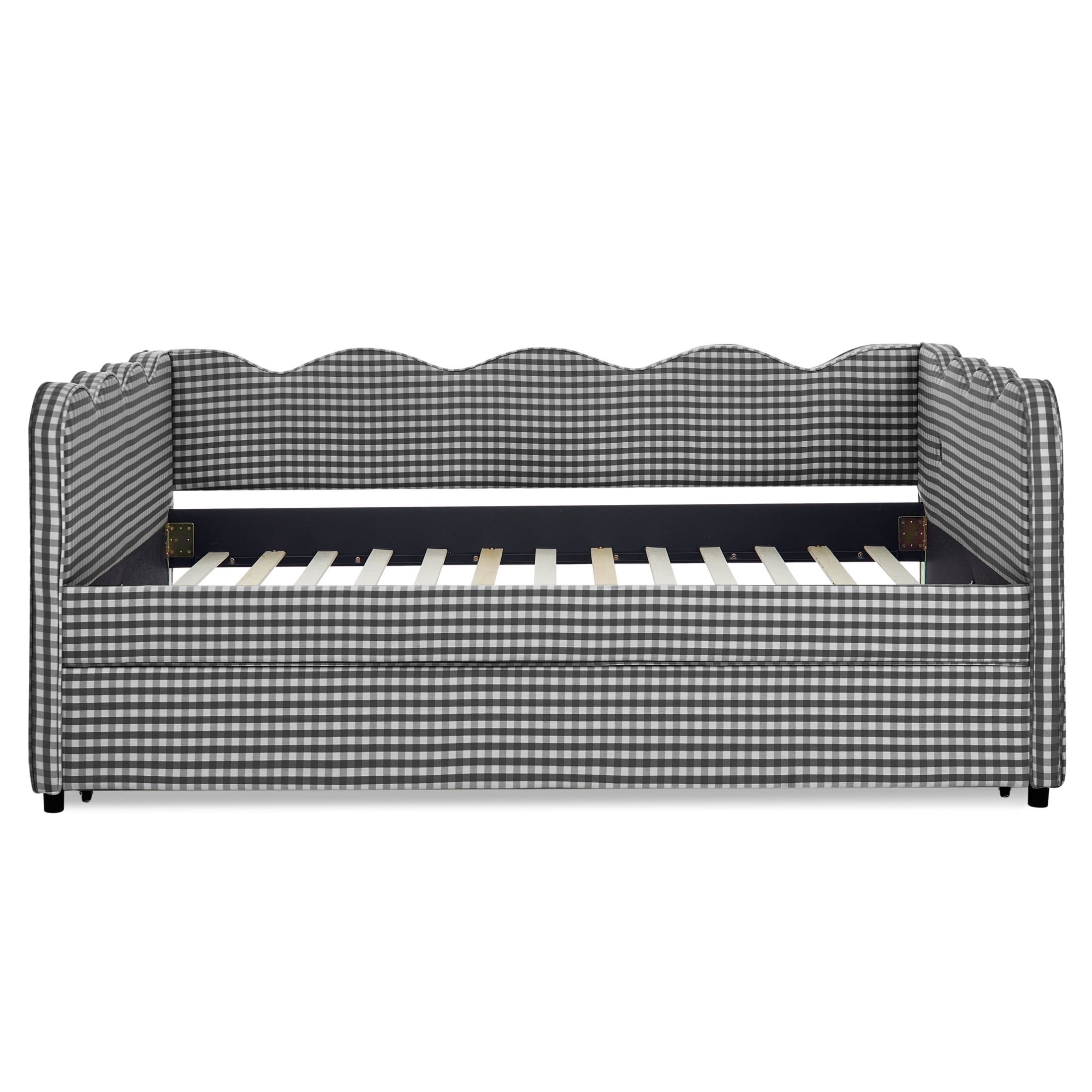 Noble House Wesley Full Size Waved Daybed, Cozy Gingham Linen Sofa Bed with Twin Trundle and Charging Port, Black