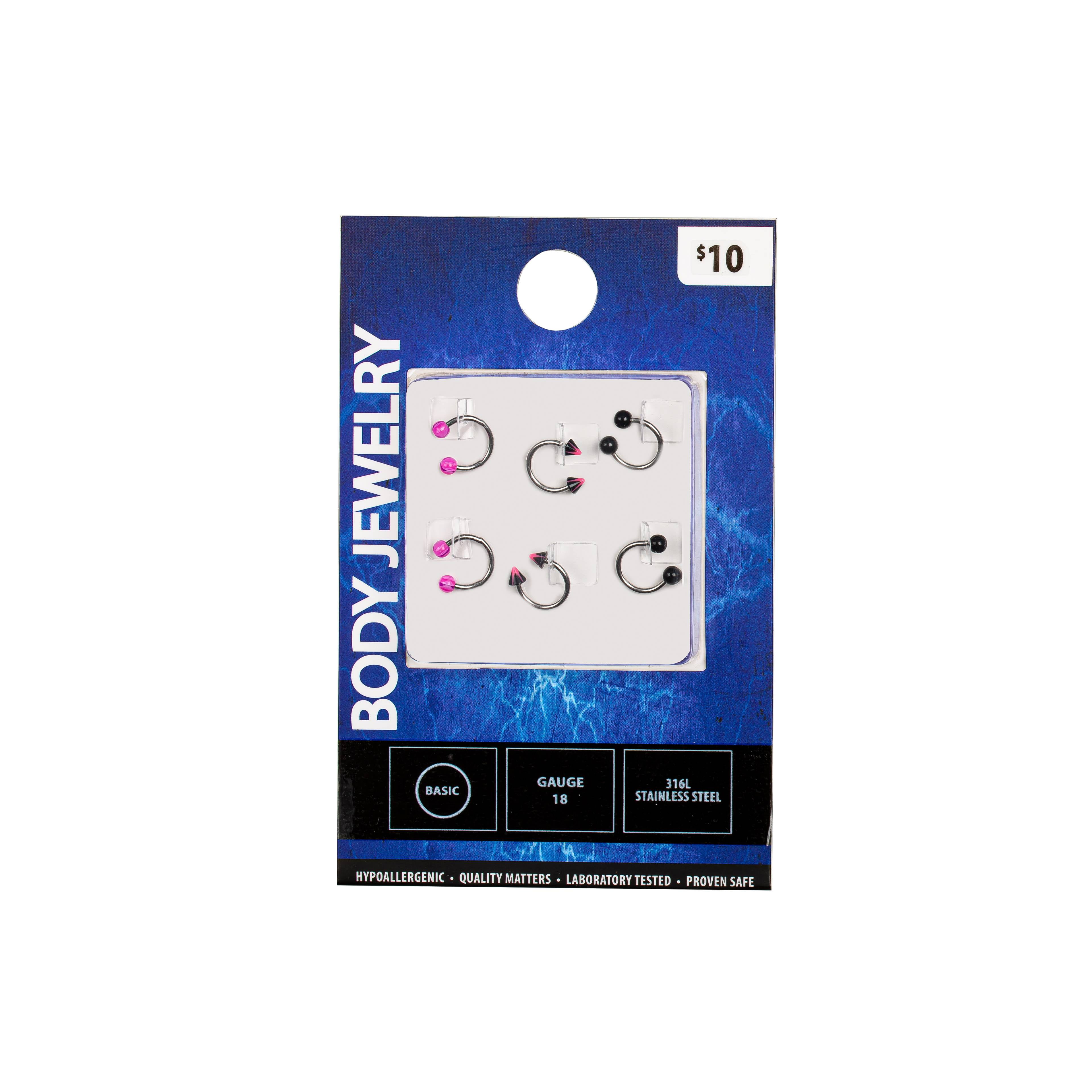 18G PINK & BLACK HORSESHOE CARTILAGE 6PK