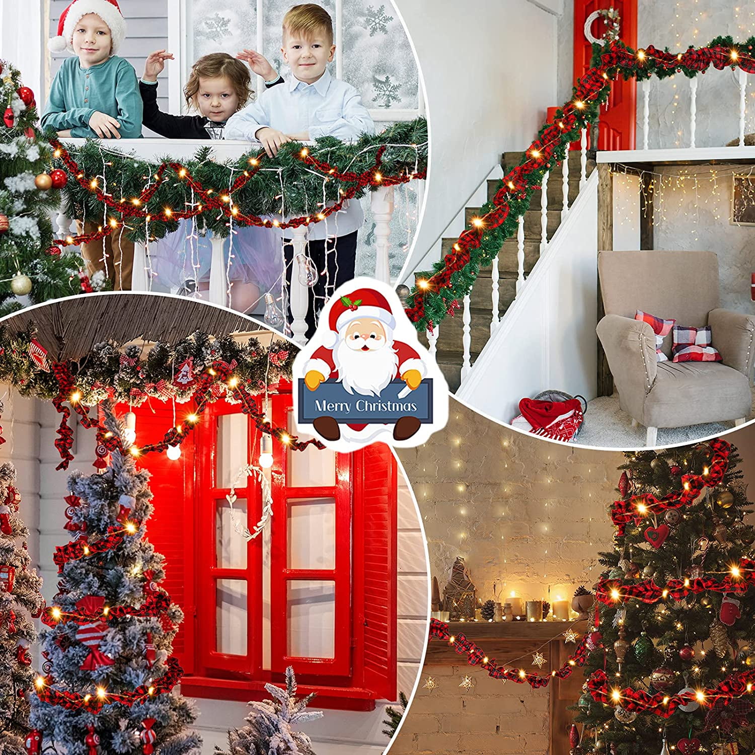 27 Feet Christmas Tree Buffalo Plaid Garland with Led Lights, Plaid Red and Black Buffalo Check Fabric Tree Ribbon Garland Farmhouse Home Country Xmas Holiday Decor