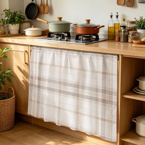 Brown Beige Plaid Cabinet Curtains for Kitchen 35"W x 35"L, Farmhouse Buffalo Checkered Laundry Sink Cabinets Magic Tape Short Curtain Privacy Panel for Bathroom Vanity Cabinets