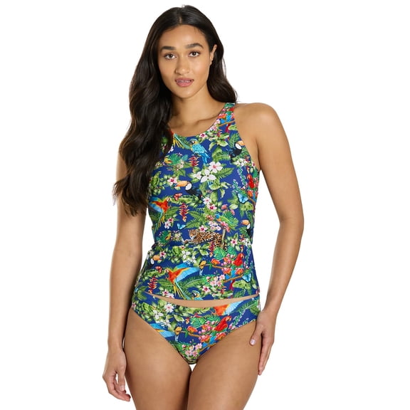 Sporti Women's Tropical Oasis Tankini Top, High Neck, Shelf Bra, Enhanced Fit