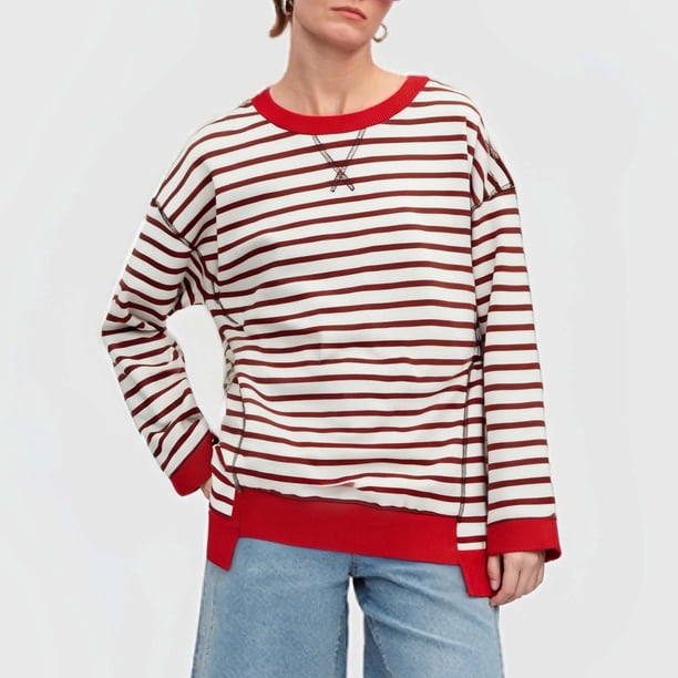 MHFRRA Camiseta Informal de Otoño/Invierno con Estampado de Rayas, Cuello Redondo, Manga Larga, Bloque de Color Vino
