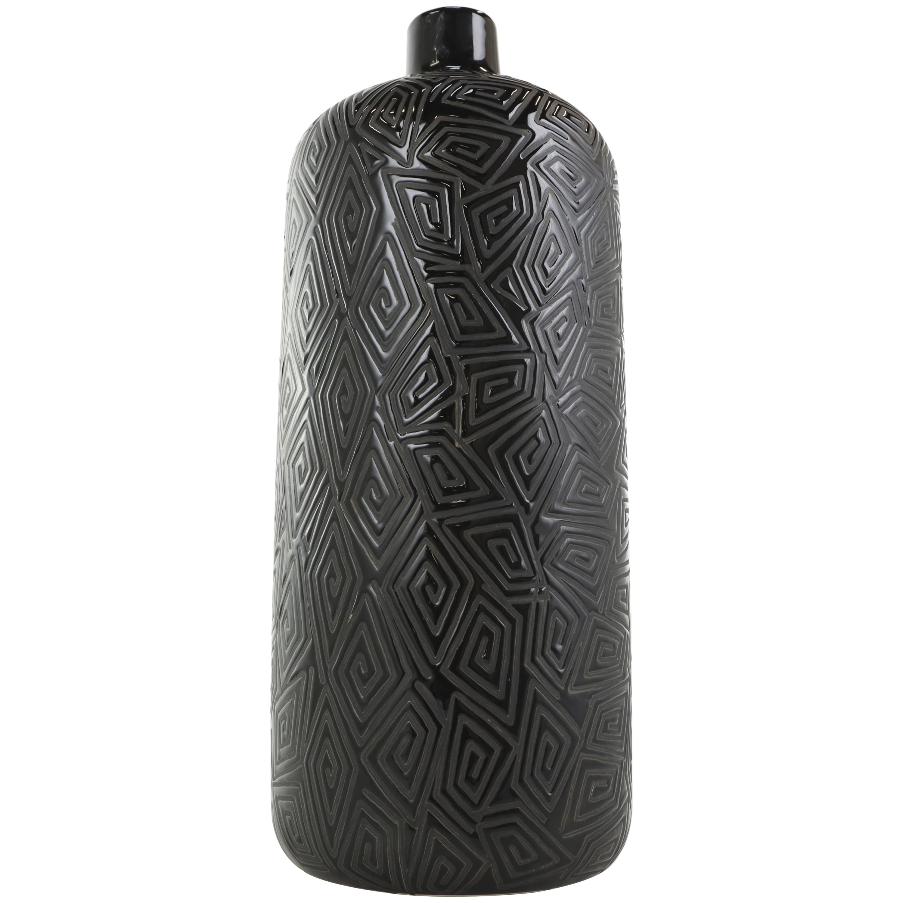 DecMode 19" Black Ceramic Vase with Geometric Etchings