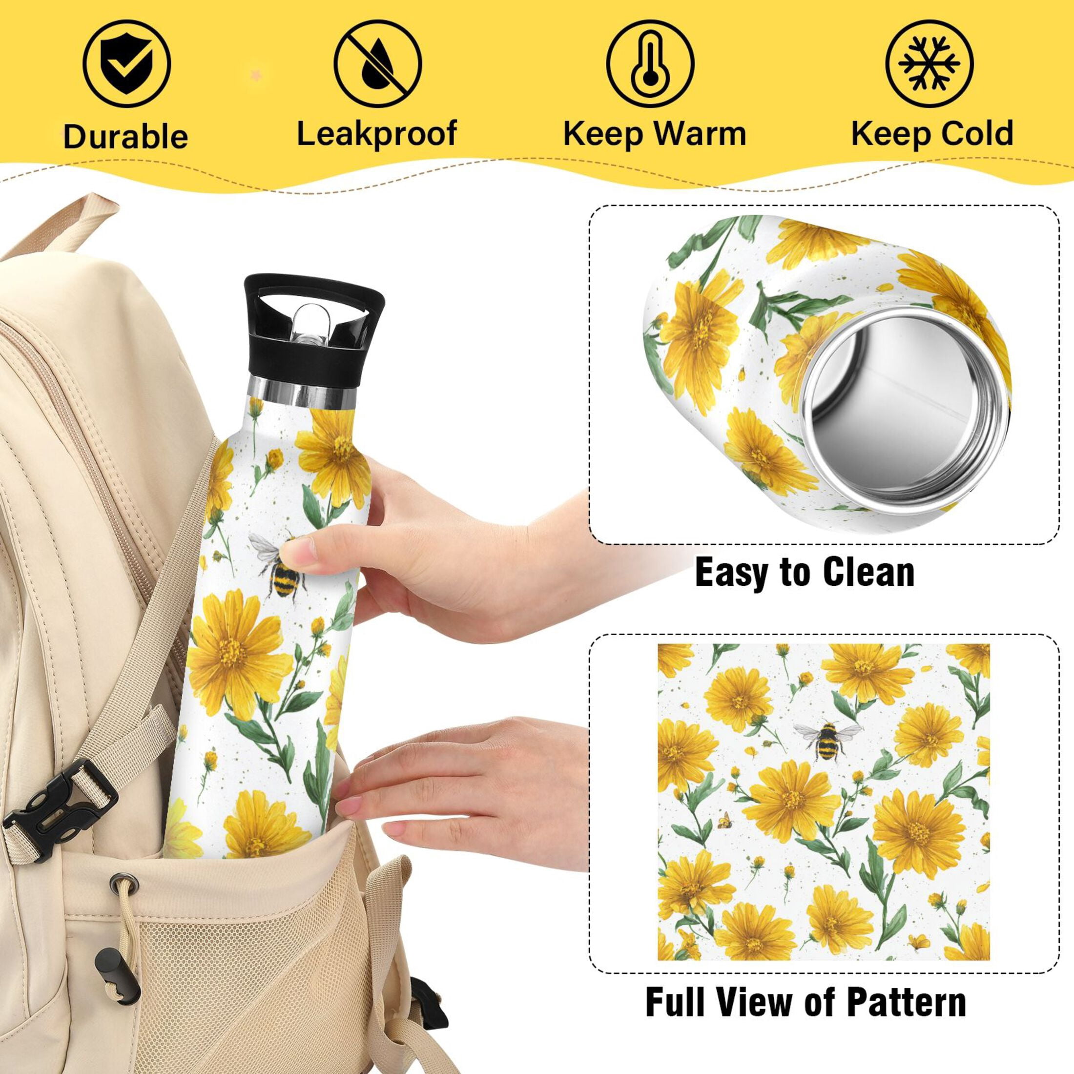 Kids Insulated Stainless Steel Sports Water Bottle 600ml (20oz) Daisies and Bees Pattern