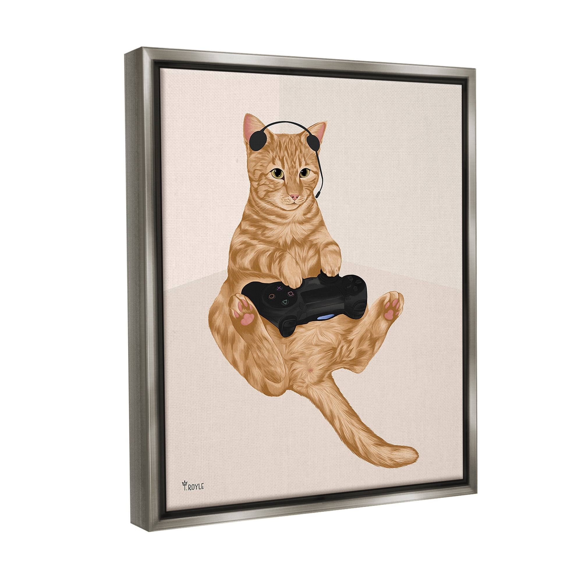 Stupell Industries Gamer Tabby Cat Animals & Insects Painting Gray Floater Framed Canvas Art Print Wall Art, 25 x 31