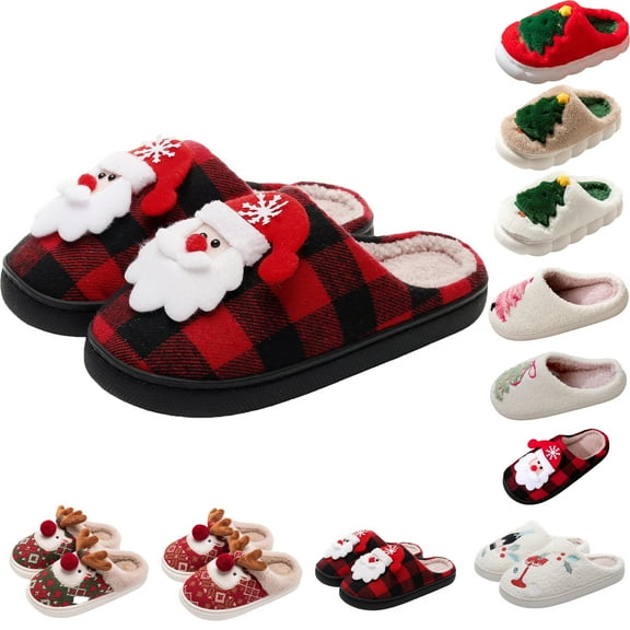 Bmawag Christmas Slippers for Women Flat Heel Close Toe Slip-on Home Slippers Christmas Cute Printed Warm Winter Shoes
