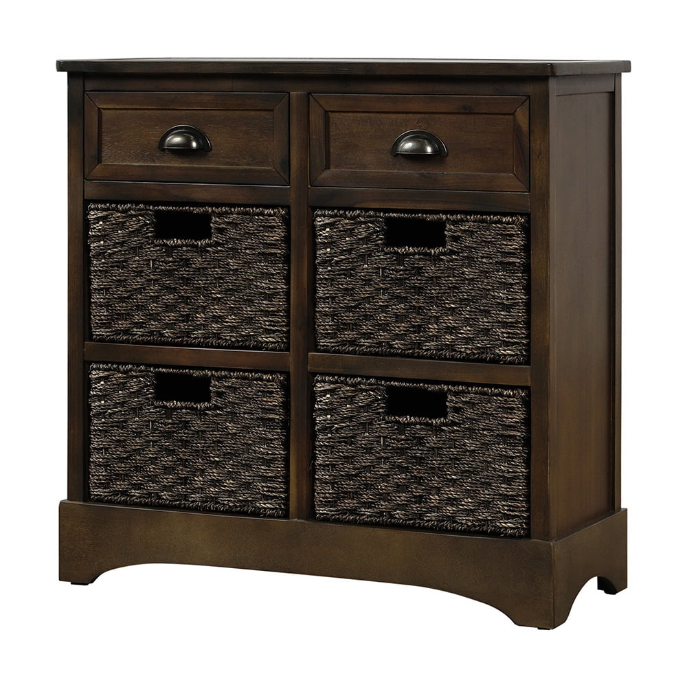 Lowestbest Rustic Storage Cabinet, Buffet Storage Cabinet with Four Classic Fabric Basket, Sideboard Entryway Table with 2Drawers for Kitchen Room, Dark Brown