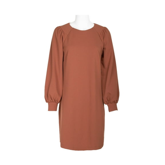 London Times Collared Crew Neck long Sleeve Banded Cuff’s Zipper Back Solid Shift Crepe Dress by Curated Brands