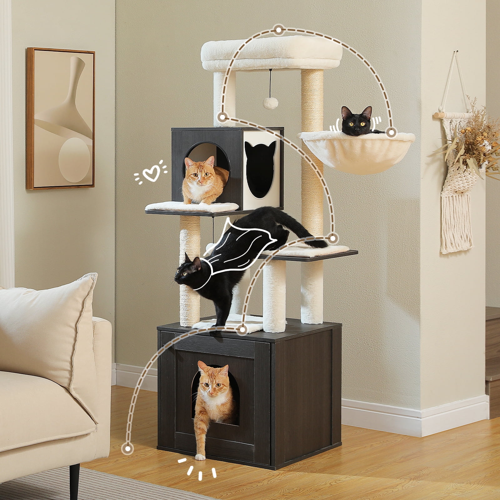 Pefilos 57" Modern Wood Cat Tree for Indoor with Litter Box Enclosure and Cat Condo, Large Cat Tree Tower with Sisal Covered Scratching Post, Black