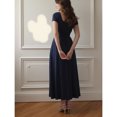 thumbnail image 2 of Navy Blue Short Sleeve Square Neck Midi Dress For Women, Slim Fit A-Line Elegant Casual Dress, 2 of 8