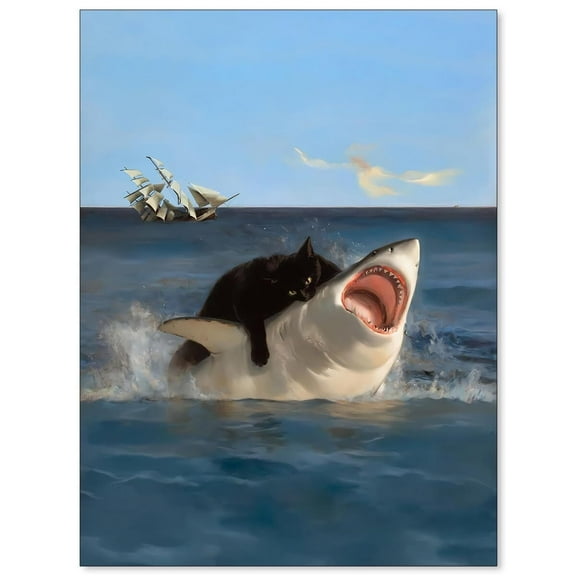 Funny Fat Cat Vs. Shark Poster Renaissance Canvas Wall Art Quirky Black Cat Animal Oil Painting Prints Fun Nautical Picture for Living Room Bedroom