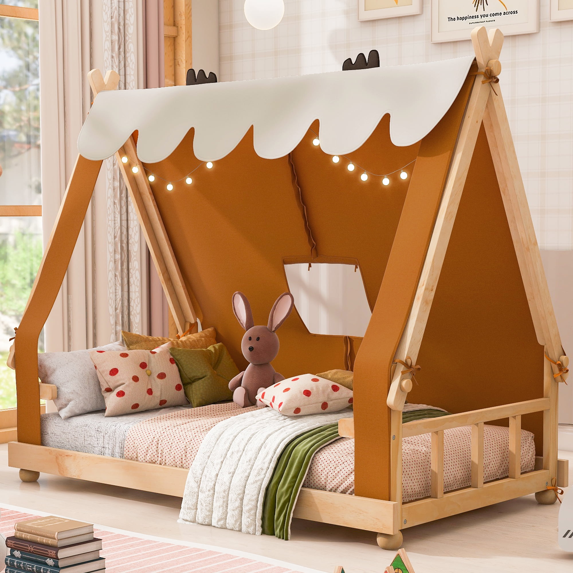 Mintazer Twin Teepee Tent Bed with LED Lights, Kids House Bed with Removable Canopy, Brown