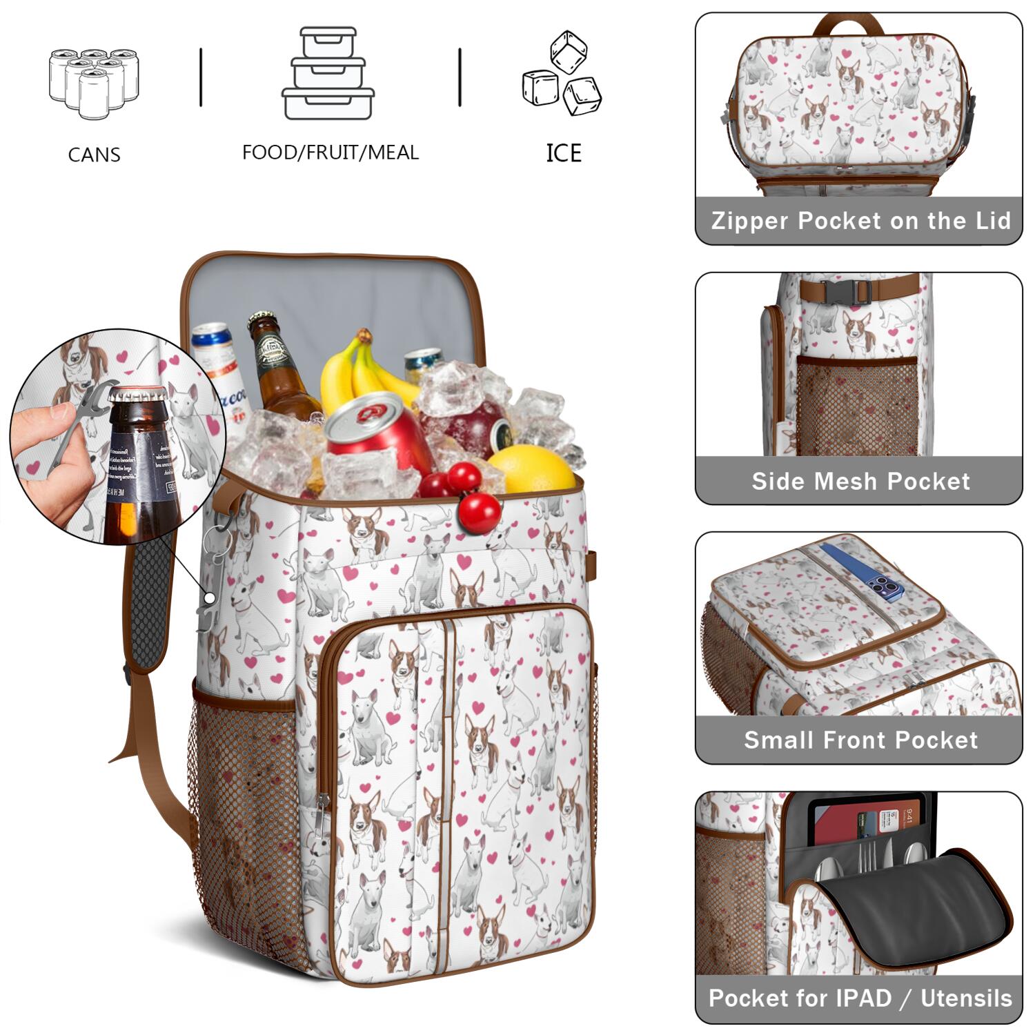 Travel Cooler Bag - Bull Terriers and Hearts Camping Beer Cooler Backpack with Bottle Opener- Waterproof Insulated Picnic Backpacks - Cooler Bag for Beach
