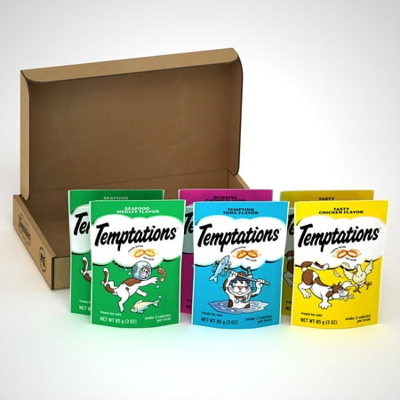 TEMPTATIONS Classic, Crunchy and Soft Cat Treats Feline Favorites Variety Pack, Seafood Medley Flavor, Tasty Chicken Flavor, Blissful Catnip Flavor, and Tempting Tuna Flavor, (6) 3 oz. Pouches