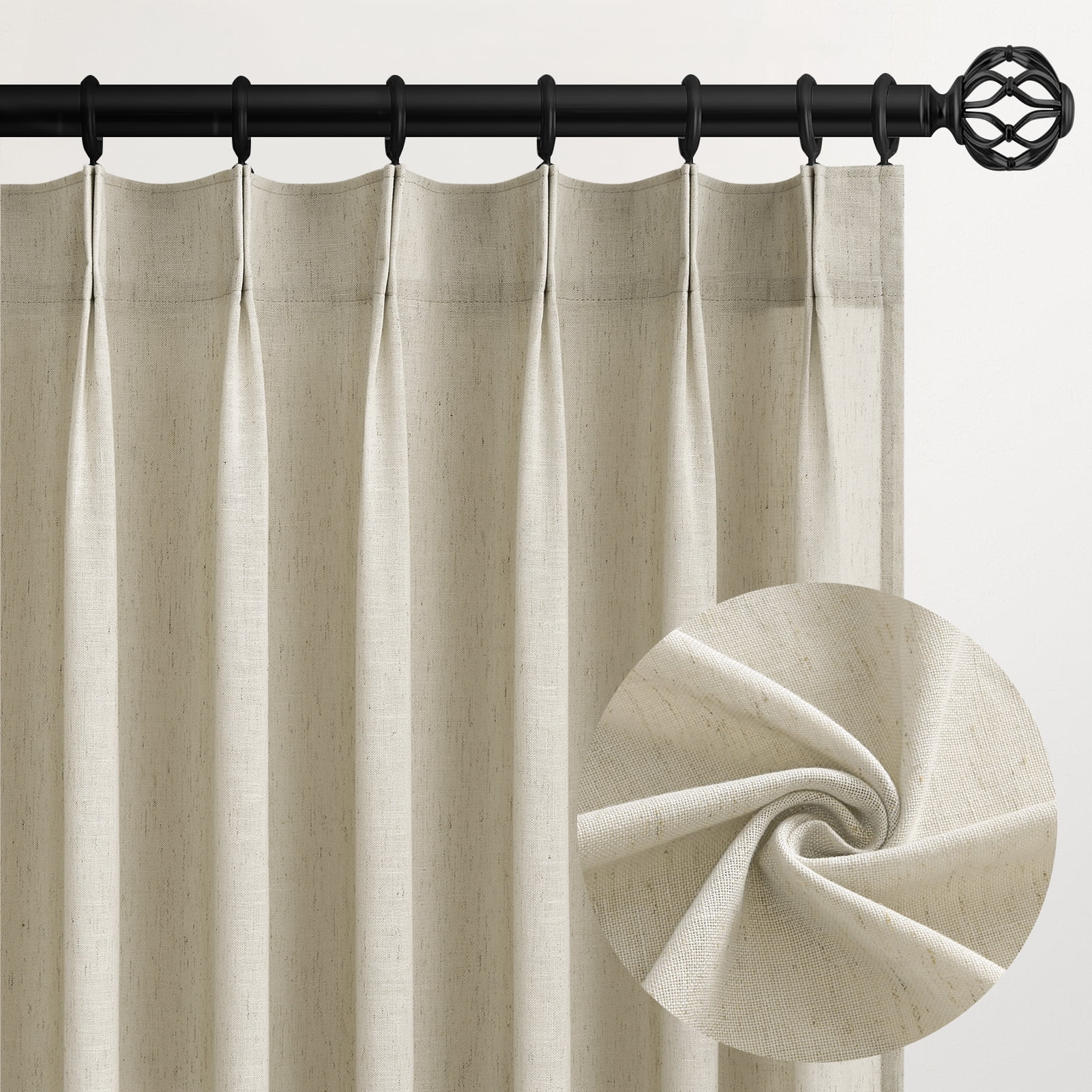 Jainmy Pinch Pleated Linen Curtains, Boho Light Filtering Living Room Bedroom Curtain,Window Treatments with Hook,Natural Linen, 40x94 inch, 2 Panels
