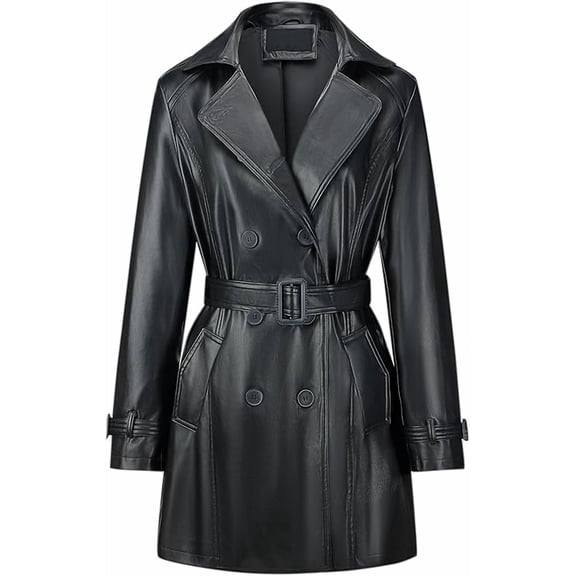 Giolshon Women Faux Leather Coat Double-breasted Jacket Classic Trench Overcoat