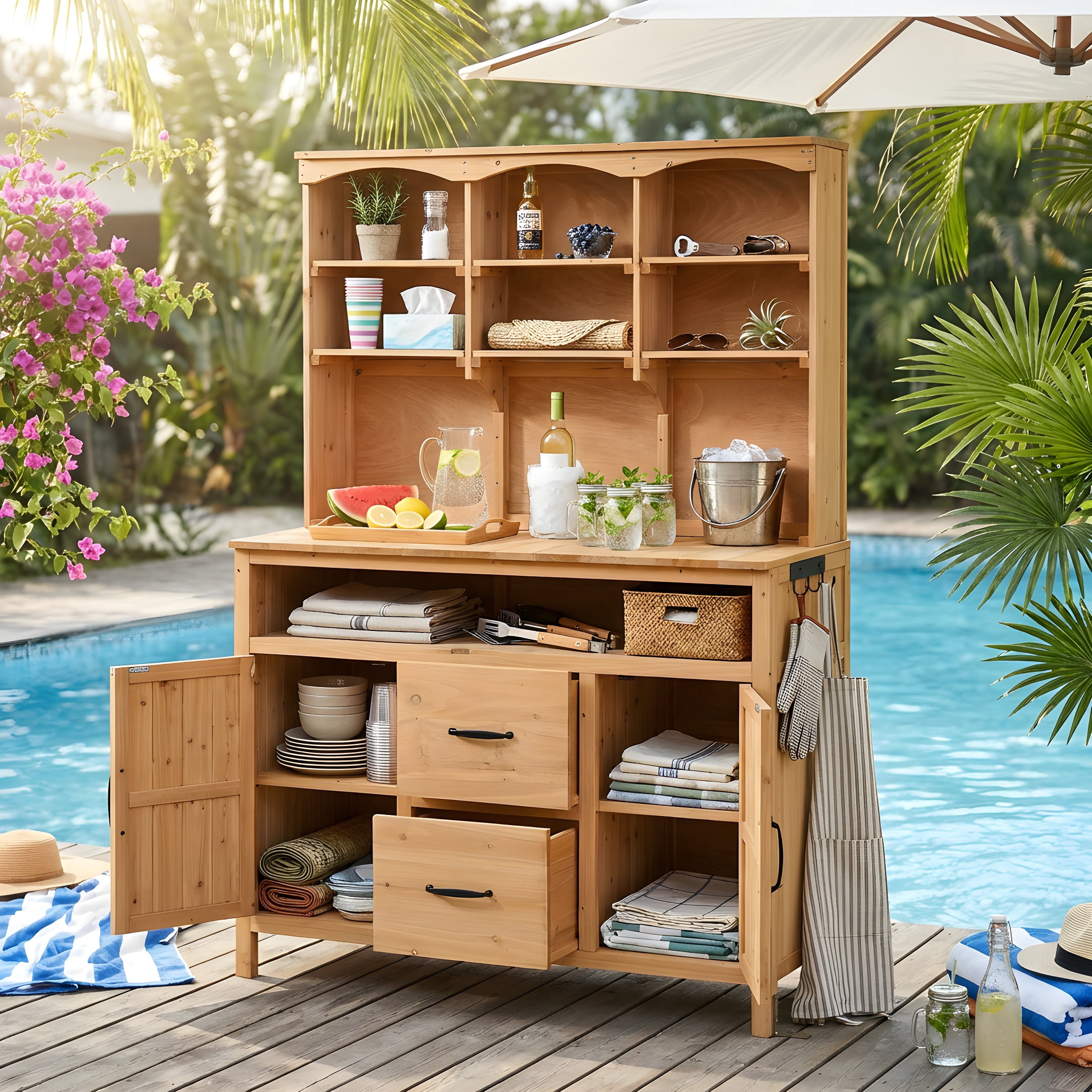 Mintazer Outdoor Potting Bench with Cabinets, 65"H Multi-Functional Patio Kitchen Island with 2 Drawers & Hooks, Large Countertop for Gardening Grill, Natural
