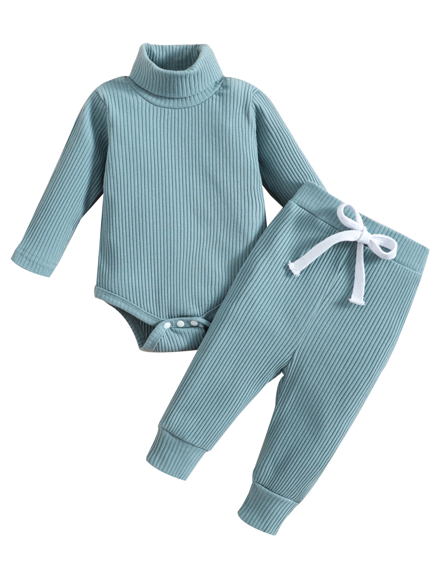 FOCUSNORM Newborn Baby 2 Pcs Fall Clothes Pants Set Baby Girl Boy Winter Ribbed High Neck Romper Pants Outfits Infant Clothing