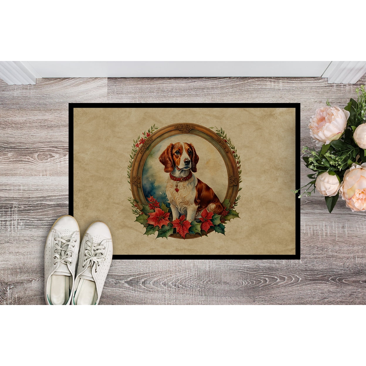 Brittany Spaniel Christmas Flowers Doormat 27 in x 18 in