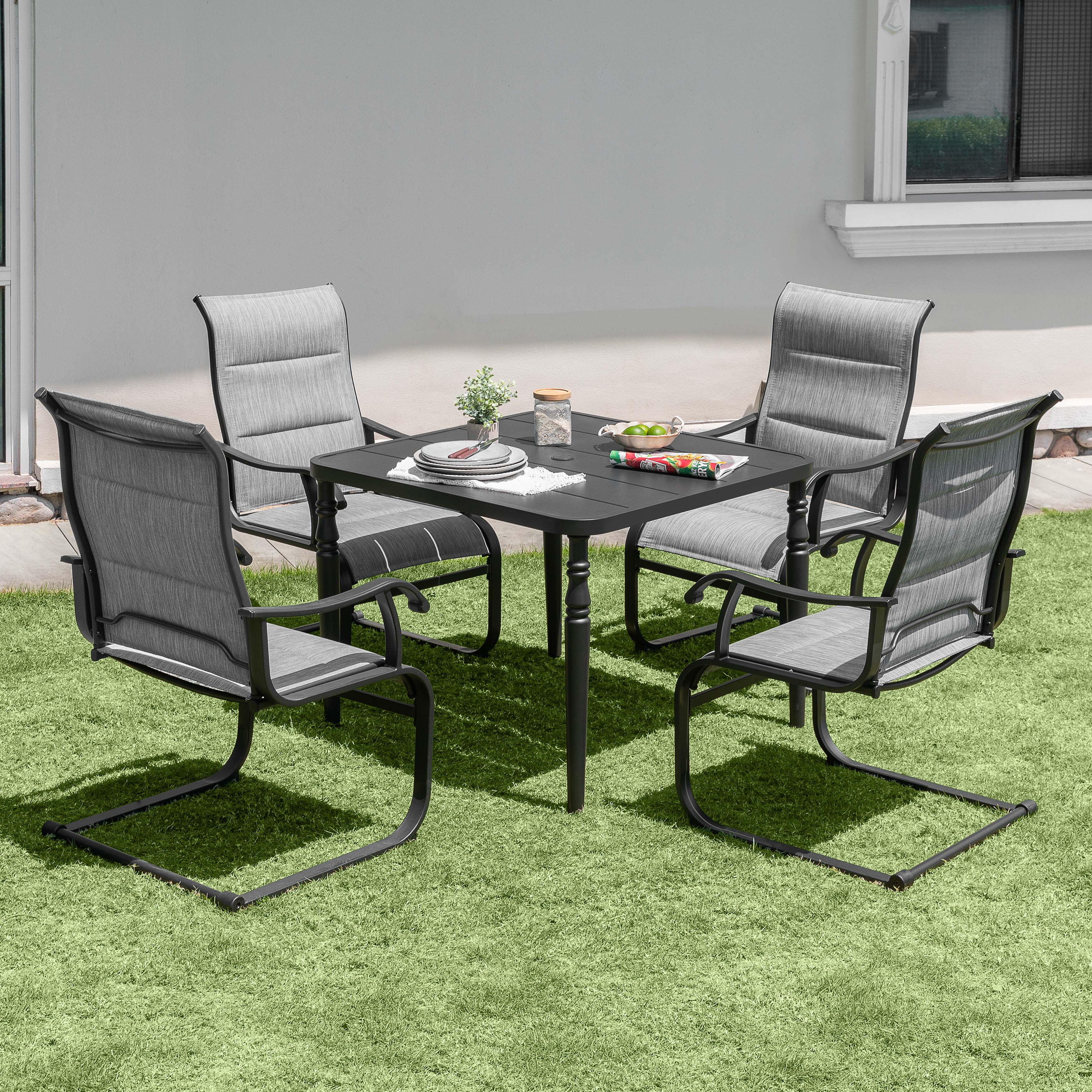 Nuu Garden Patio Dining Chairs Set of 4, All Weather Outdoor Padded Textilene Patio Chairs, Breathable Spring Motion Textile High Back, Light Gray
