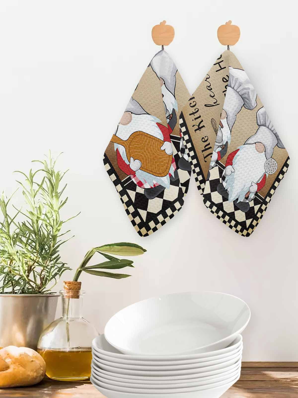 Farmhouse Chef Gnomes Dish Towels Set, Waffle Weave Kitchen Towels 3 Pieces, Vintage Black White Plaid Microfiber Hair Face Bath Tea Towel Absorbent Quick Drying Cleaning Dish Cloths, 12"x12"