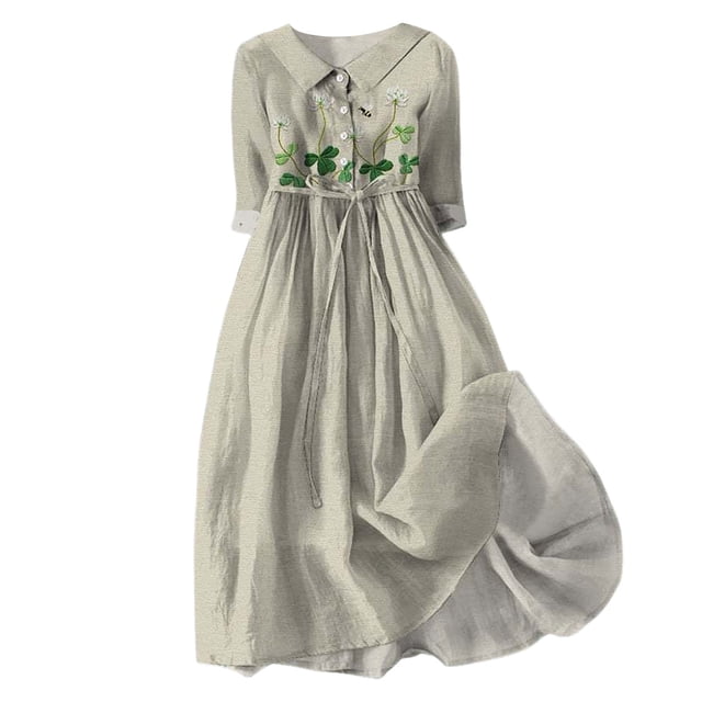 Kcodviy Robes Style Coréen pour Femmes Grande Taille Robe Tunique Lacée Taille Définie Robes de Cocktail pour Femmes Robe Chemise Décontractée Robe Midi Été Robe d'Été pour Femmes Manche Mi-Longue Tendance A Robes Femmes Ligne D