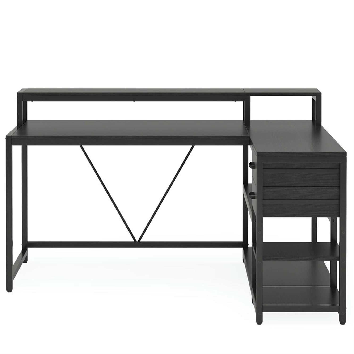 Demi Bonn Industrial L Shaped Gaming Desk, 55" Reversible Corner Executive Desk with Drawers and Shelves for Home Office, Black