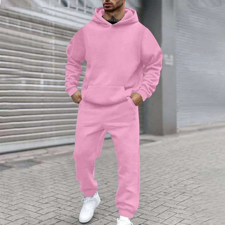 Men Pink Sweat Outfits Joggers Pink Stacked Jeans Men's Fleece