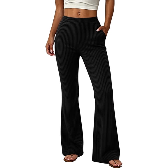 JIAYUE Women's Ribbed Wide Leg Pants Elastic Waist Solid Color Knit Flared Straight Trousers for Outdoor Travel