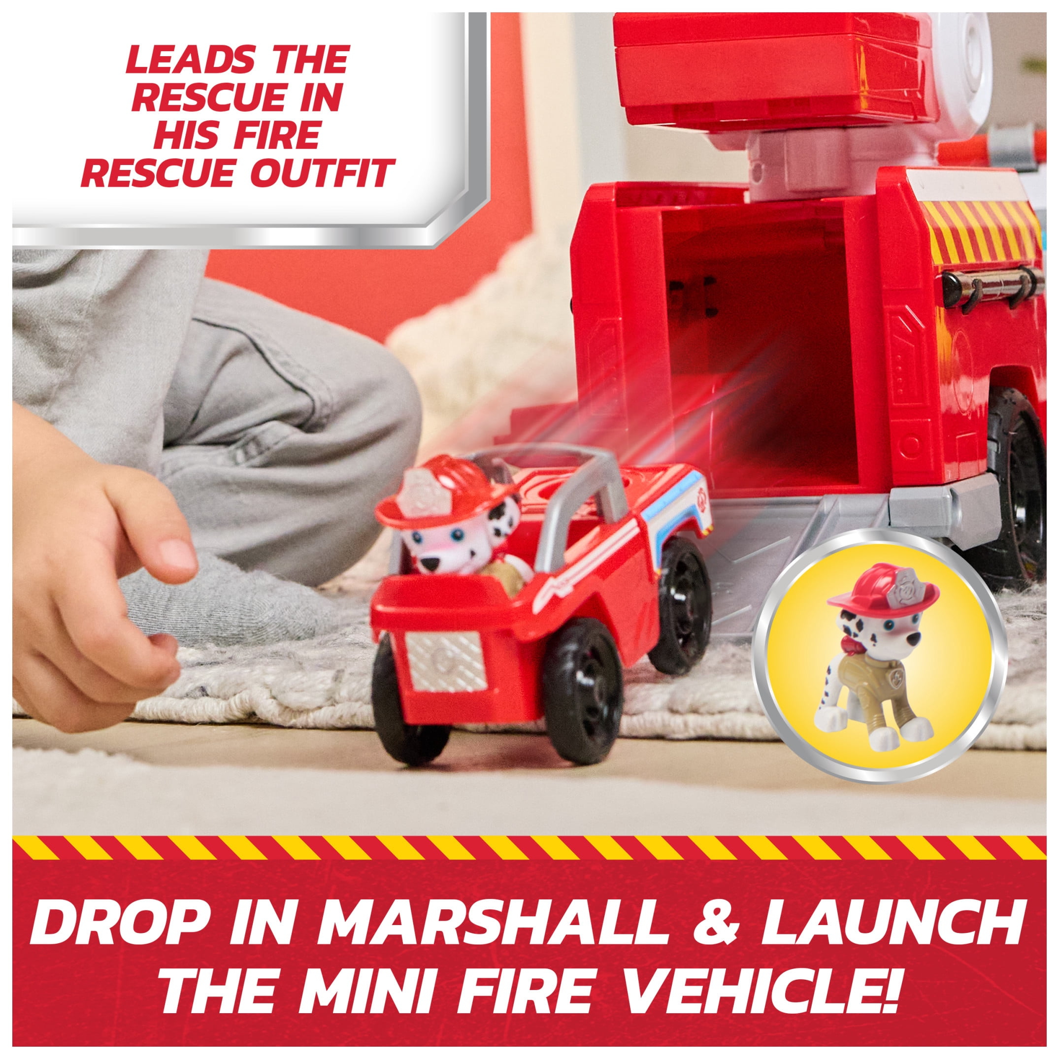 PAW Patrol Fire Rescue: Rapid Reload Fire Truck with Marshall, Projectile Launcher, Mini Vehicle & Sound Fx, for Kids 3+